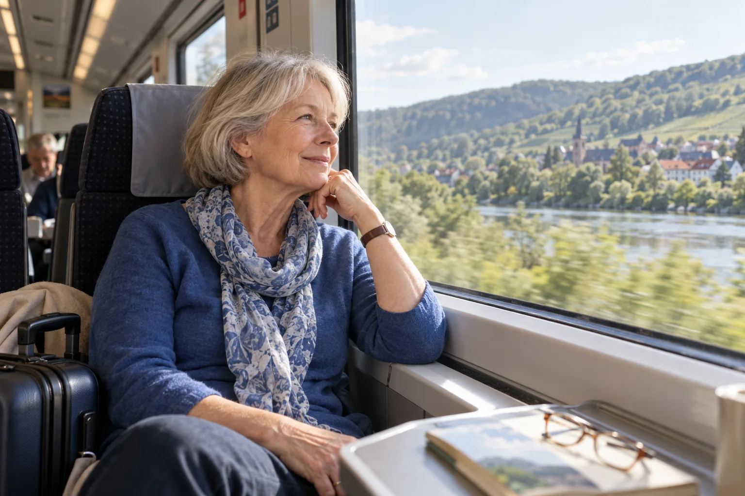 Ältere Reisende blickt aus einem Zugfenster auf eine grüne Landschaft