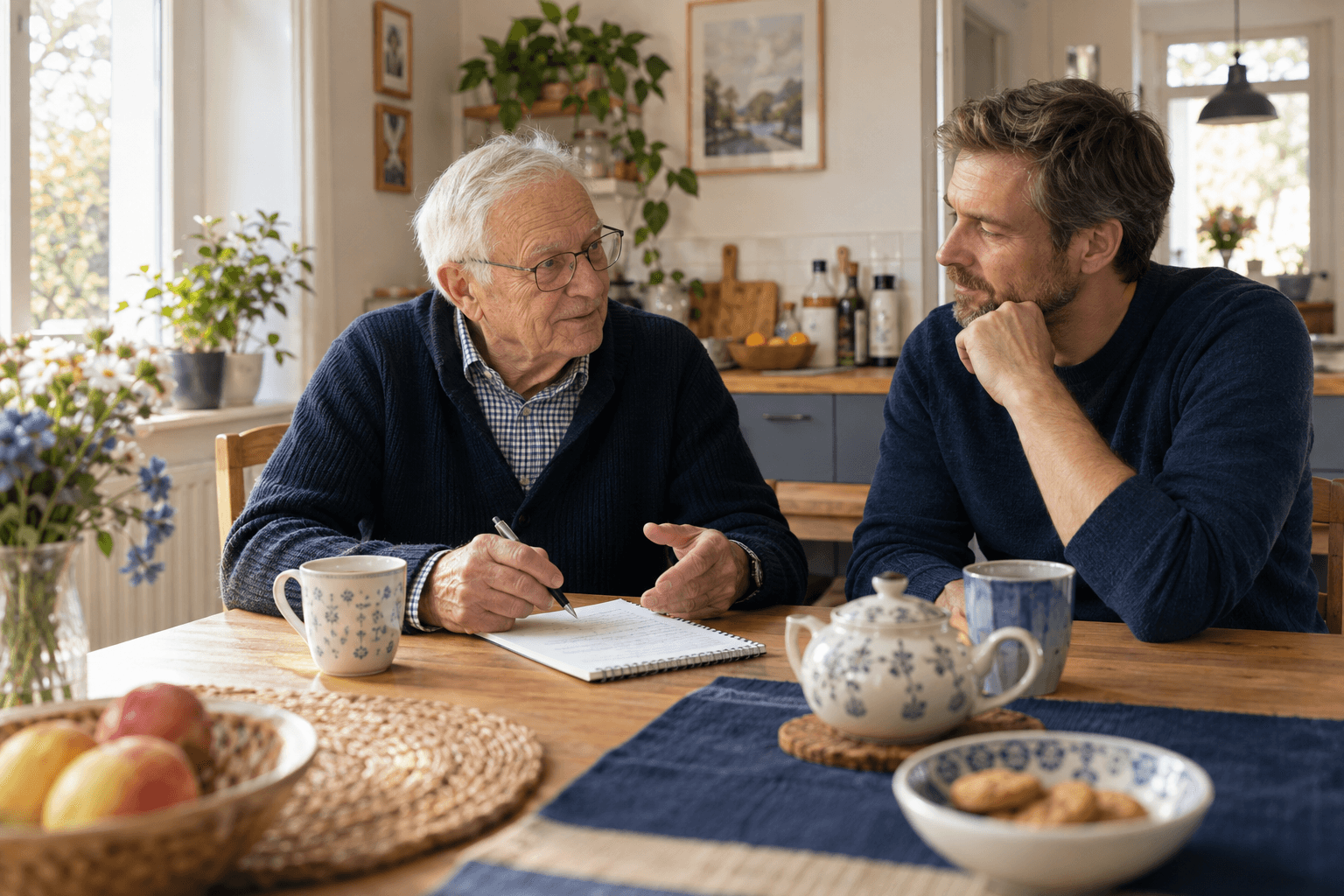 Älterer Mann bespricht mit seinem erwachsenen Sohn in der Küche die Unterstützung im Alltag