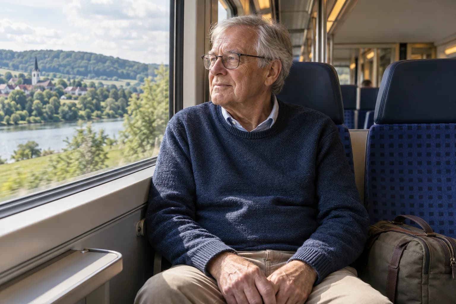 Älterer Mann mit Brille blickt aus einem Zugfenster auf eine grüne Landschaft