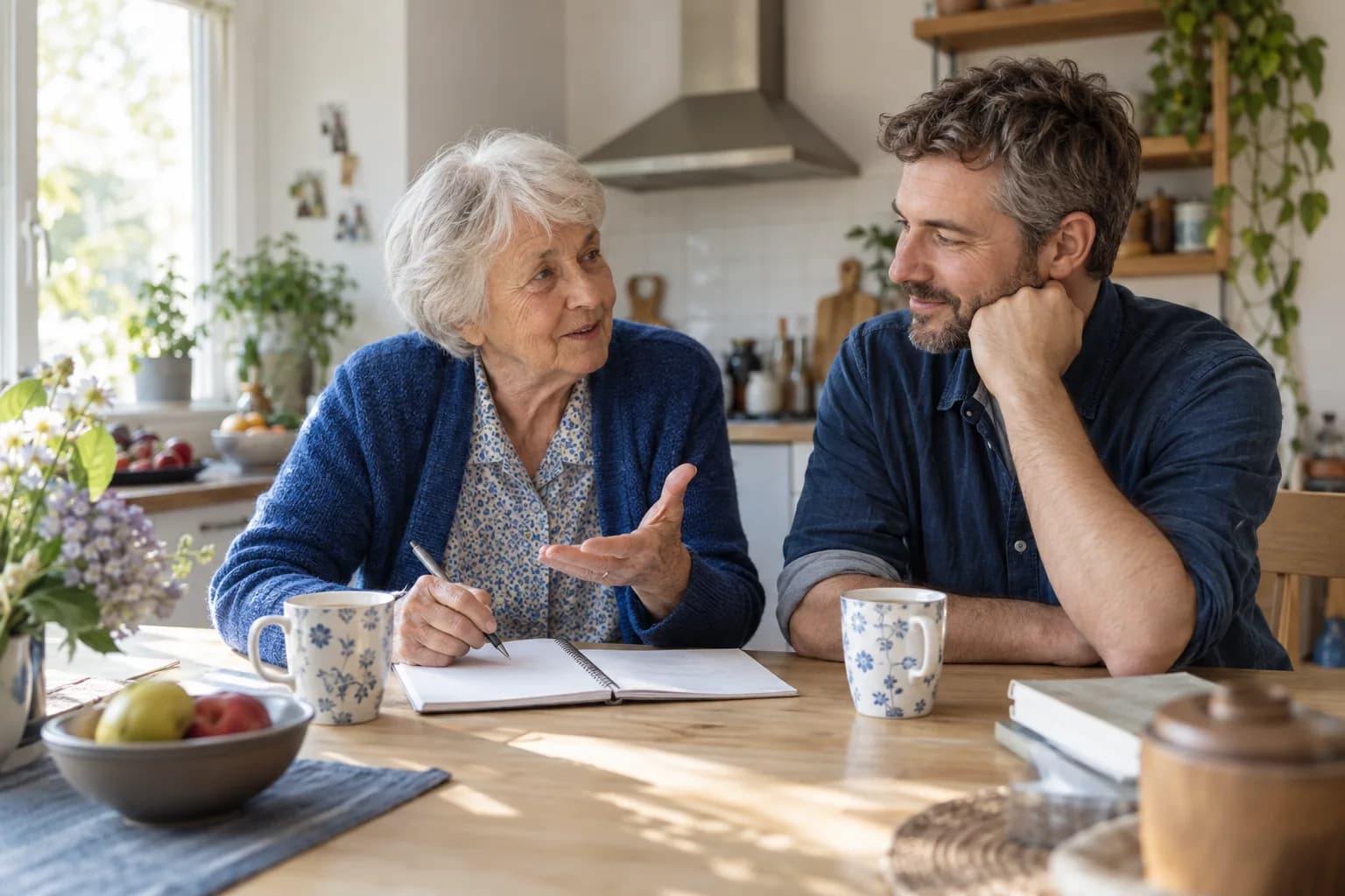 Ältere Frau und ihr erwachsener Sohn besprechen gemeinsam einen Wochenplan